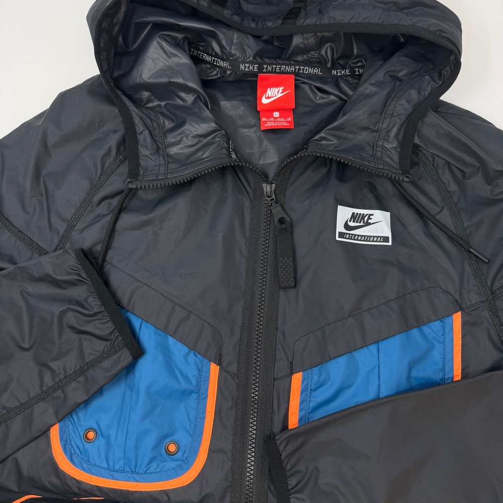Nike International Mens Hooded Windbreaker Jacket Black Blue 834451-010 XS